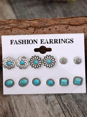 Antique Silver Western Turquoise Stud Earrings 6 Pairs Set