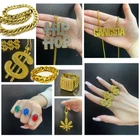Gold Bling Jewellery Chains Rings Necklace Fancy Dress Party Costume Mens Unisex