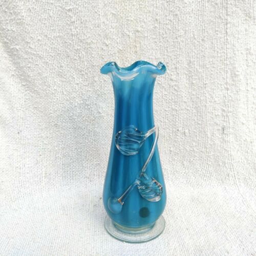 Vintage Blumen Vase Blau Weiß Wirbel Opalin Glas Pontil Mark 7.25 GV61 - Bild 1 von 6