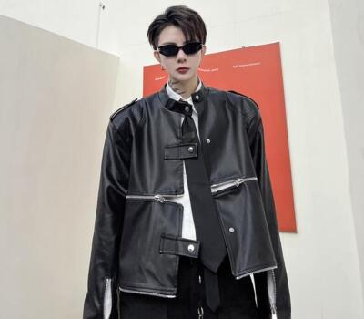 Men's Fashion Stand Collar Long Sleeve Loose Zipper Faux Leather