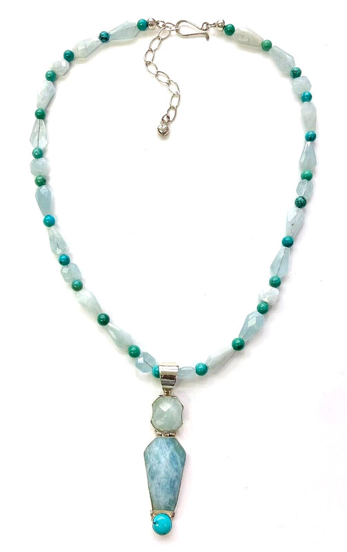 HSN Jay King Sterling Silver Turquoise & Aquamarine Pendant 18" Bead Necklace