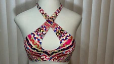 Women Sam Edelman Bikini Swim Top M Wireless Front Cross Keyhole Raffia PSEA4031