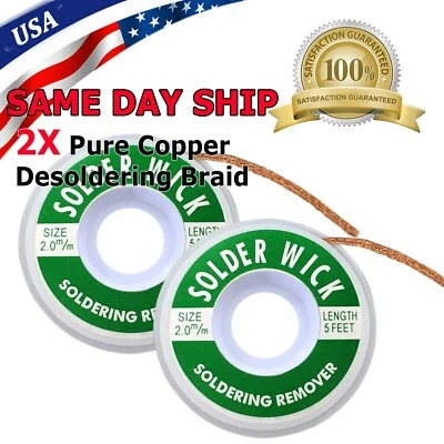 ESHIPPERS 2X 2.0mm Desoldering Braid Wick Solder Remover w/ No Residue Rosin Flux 5 FT