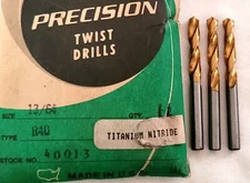 13/64" Titanium Nitride Screw Machine Drill Bits RH Cut High Speed Lot of 3
