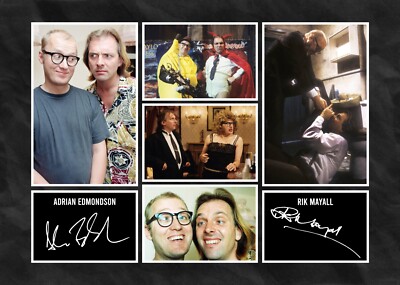 Rik Mayall & Adrian Edmonson signierter Vordruck A4 Autogramm Montage FOTO Druck