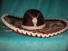 Vintage Adult Pigalle Mexican Velvet Sombrero Mariachi Hat Maroon Red Sequins