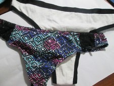 2 New 95 Cotton Thong Panties   Sz L Set of Navy Geo on Blk  Pale Gray w/Black