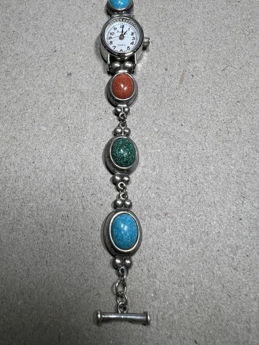 Southwest Sterling Silver Toggle Bracelet Style Watch Malachite Coral Turquoise - Picture 5 of 9
