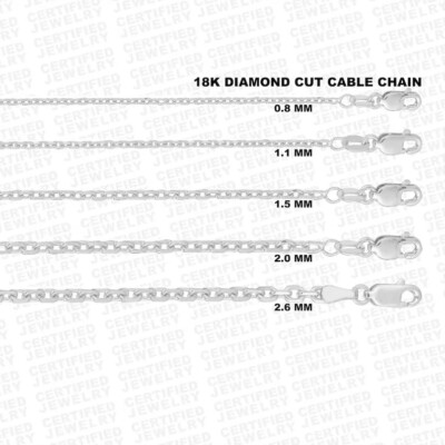 Massive 18kt Weißgold diamantgeschliffene Kabelkette 0,8 mm, 1,1 mm, 1,5 mm & 2,6 mm, 18 Karat
