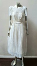 VTG 80s 90s IVORY LACE SCALLOP WEDDING SASH BOW SWEETHEART PARTY MIDI DRESS 7/8