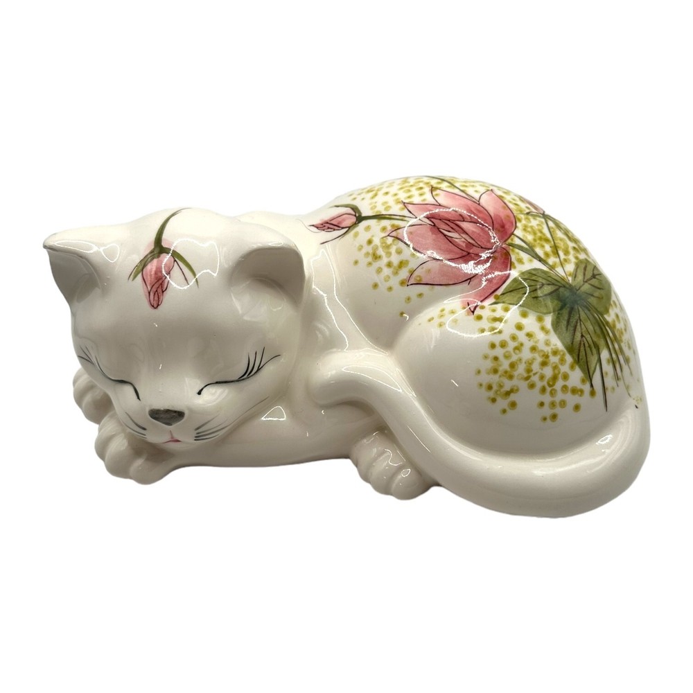 Cat Kitten Figurine Hand Painted Japan Floral White Vintage Cottage Granny Chic