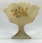 Fenton Satin Custard Glass Hand Painted Ruffled Compote Candy Dish floral signed