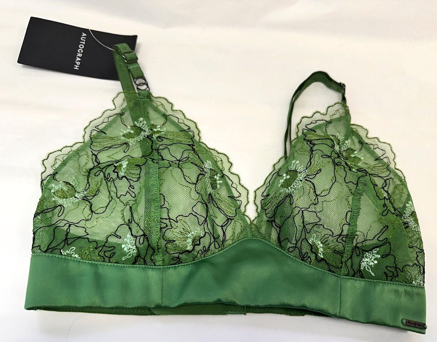NEW! M&S Autograph Marks & Spencer UK8 green non-wired mesh and satin bralette