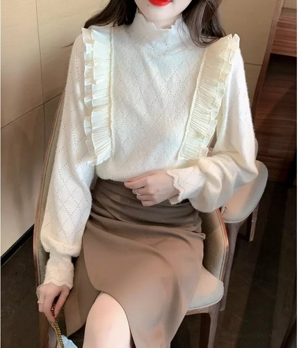 Cardigan Maglia Top Pullover Collo Alto Morbido Maglione Bianco Pizzo 40317 - Foto 5 di 8