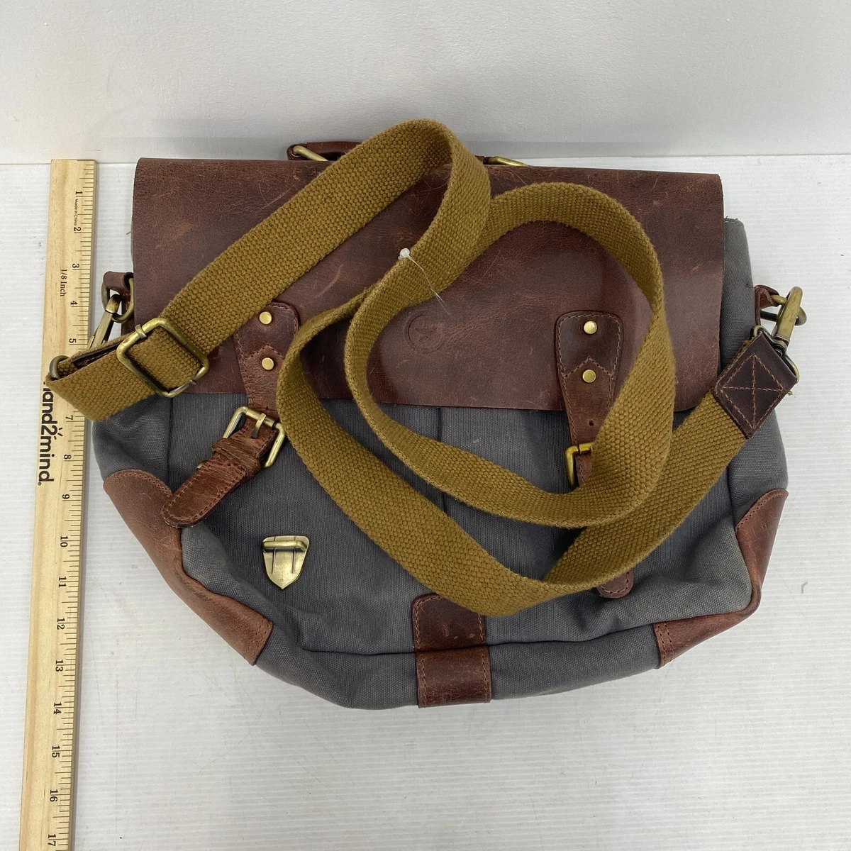 Aaron Leather Goods Brown Leather Gray Canvas Messenger Shoulder