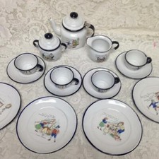 Antique, Rare Set, 17pc Nursery Rhyme, Enamelware Tea Set A 