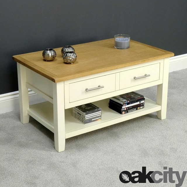 Nebraska Painted Oak Coffee Table With 1 Large Drawer Shelf Cream Painted Oak Coffee Table Nebraska Storage Drawers Solid Wood New