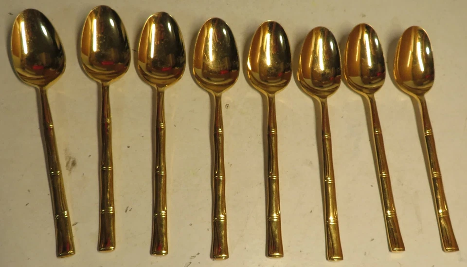 JUEGO 8 CUCHARADITAS Vintage COSMOS Acero Inoxidable CSM52 ORO BAMBÚ Electroplaca Lote Foto 2 de 4