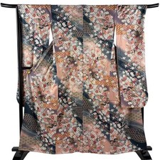 Woman Japanese Kimono Furisode Silk Flower Cart Gold Silver Foil Pink 160cm