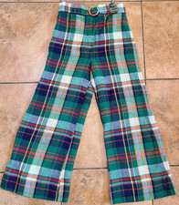 1970s Brady Bunch High Waist Wide Leg Plaid Pants Youth Sz 8 Green Red Blue