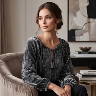 Johnny Was Dylan Brown Velvet Peasant Blouse Relaxed Tunic Top Embroidered Sz XS