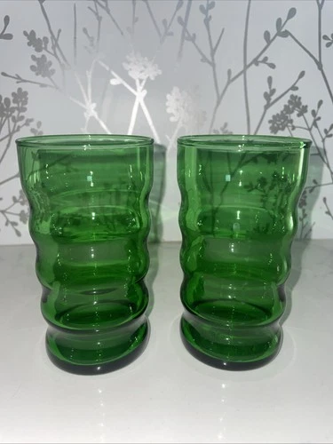 2 Vintage Anchor Hocking Emerald Green Tumblers Glasses Ribbed Whirly Twirly
