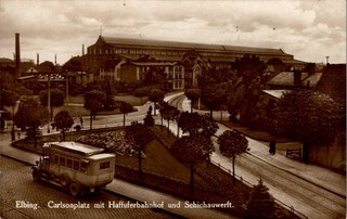 Postcard greetings from Elbing West Prussia Haffufer railway station at Carlsonplatz 1935