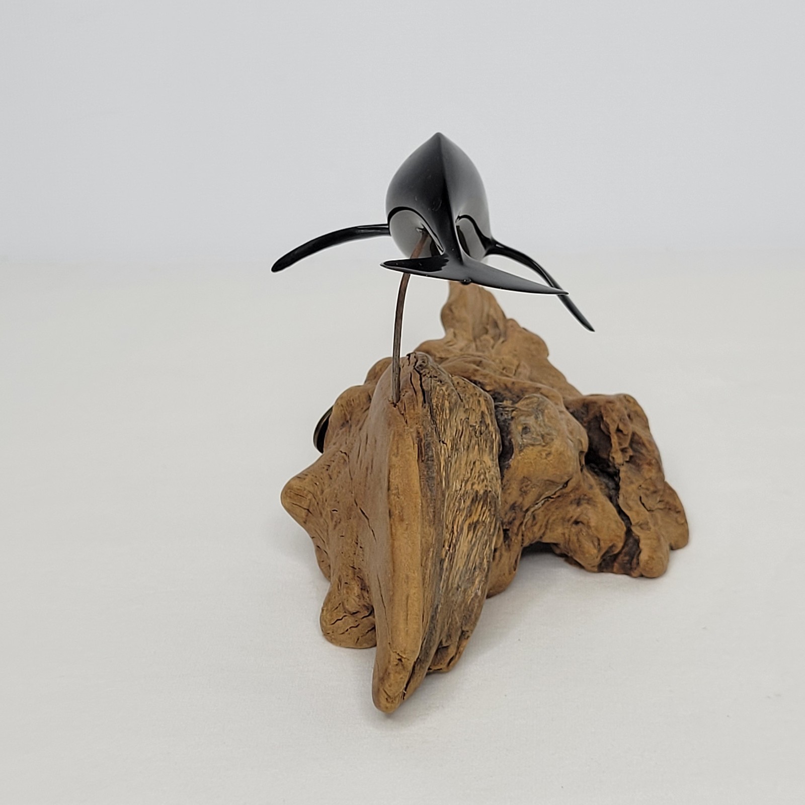John Perry Black Humpback Whale on 7 1/2" Burl Wood Base Sculpture Marine Life