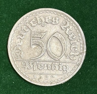 GERMANY - Weimar Republic 50 Pfennig 1922D Munich Mint  Aluminum F to VF