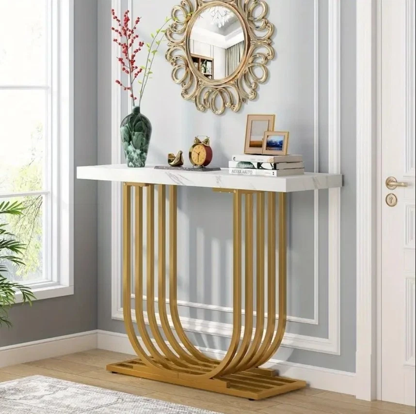 Console Table Golden Sturdy U-Metal Legs And White Faix Marble Top-Easy Assembly - Image 4 of 4