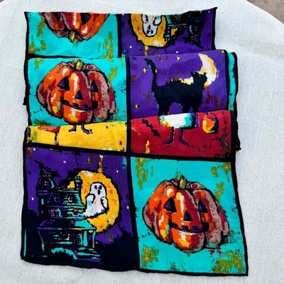 Hand Rolled Silk Halloween Scarf by Echo Pumpkin Ghost Black Cat SPOOKYCORE