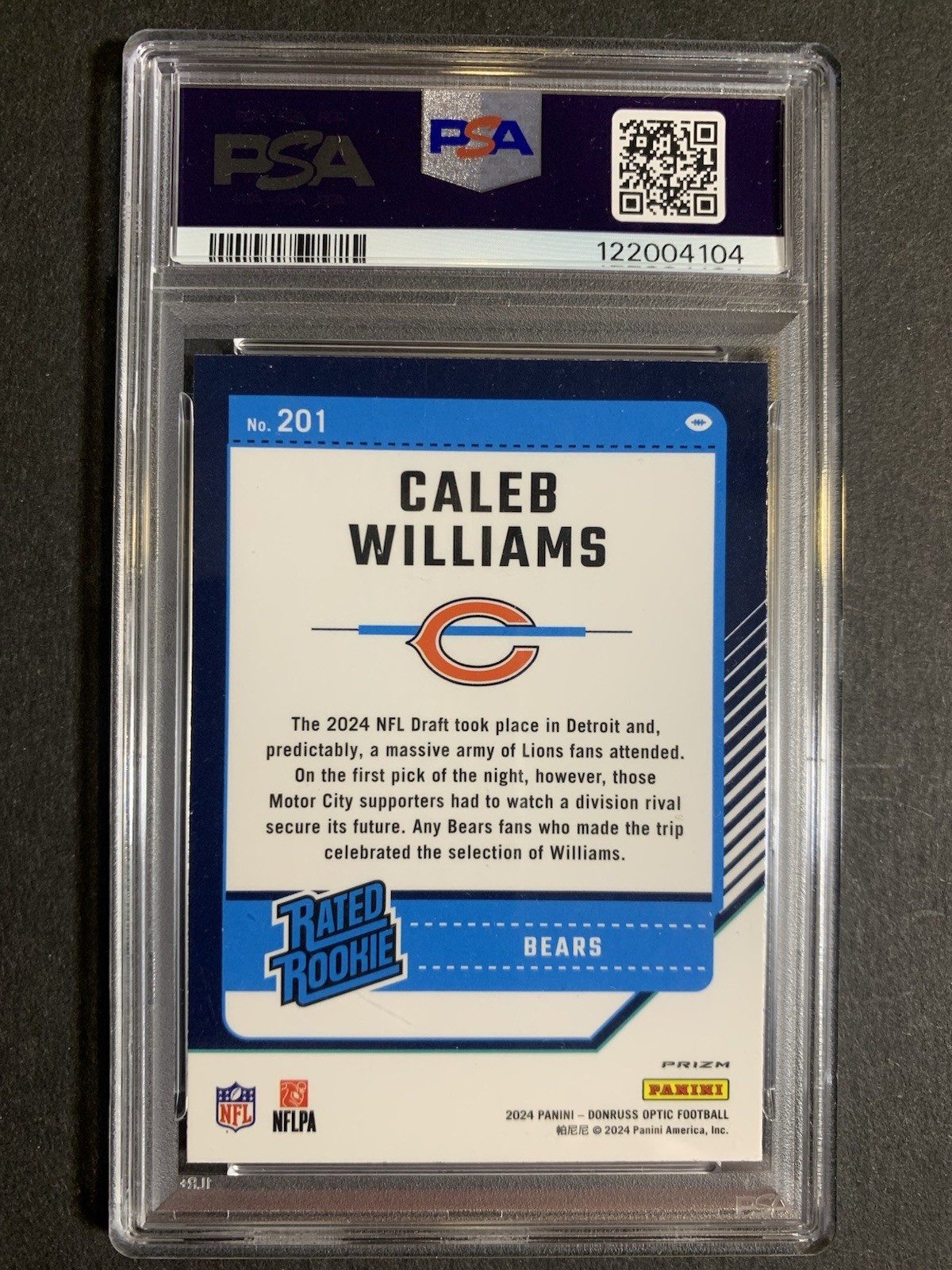 2024 Donruss Optic Caleb Williams #201 Blue Hyper Prizm (RC) PSA 10 GEM view 3