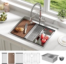 Kitchen Sink 25x22x9" Drop-in Stainless Steel Single Bowl Top Mount Workstation