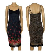 Vintage Rampage y2k Midi Mesh Slip Dress LARGE Black Floral Leopard Fringe Midi