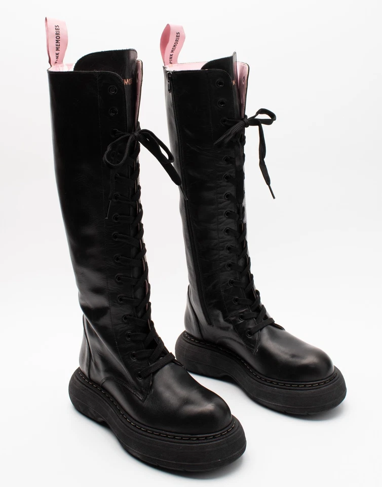 PVP€345 PINK MEMORY Botas de Combate Hasta la Rodilla de Cuero US9 UK6 EU39 Negras Foto 3 de 4