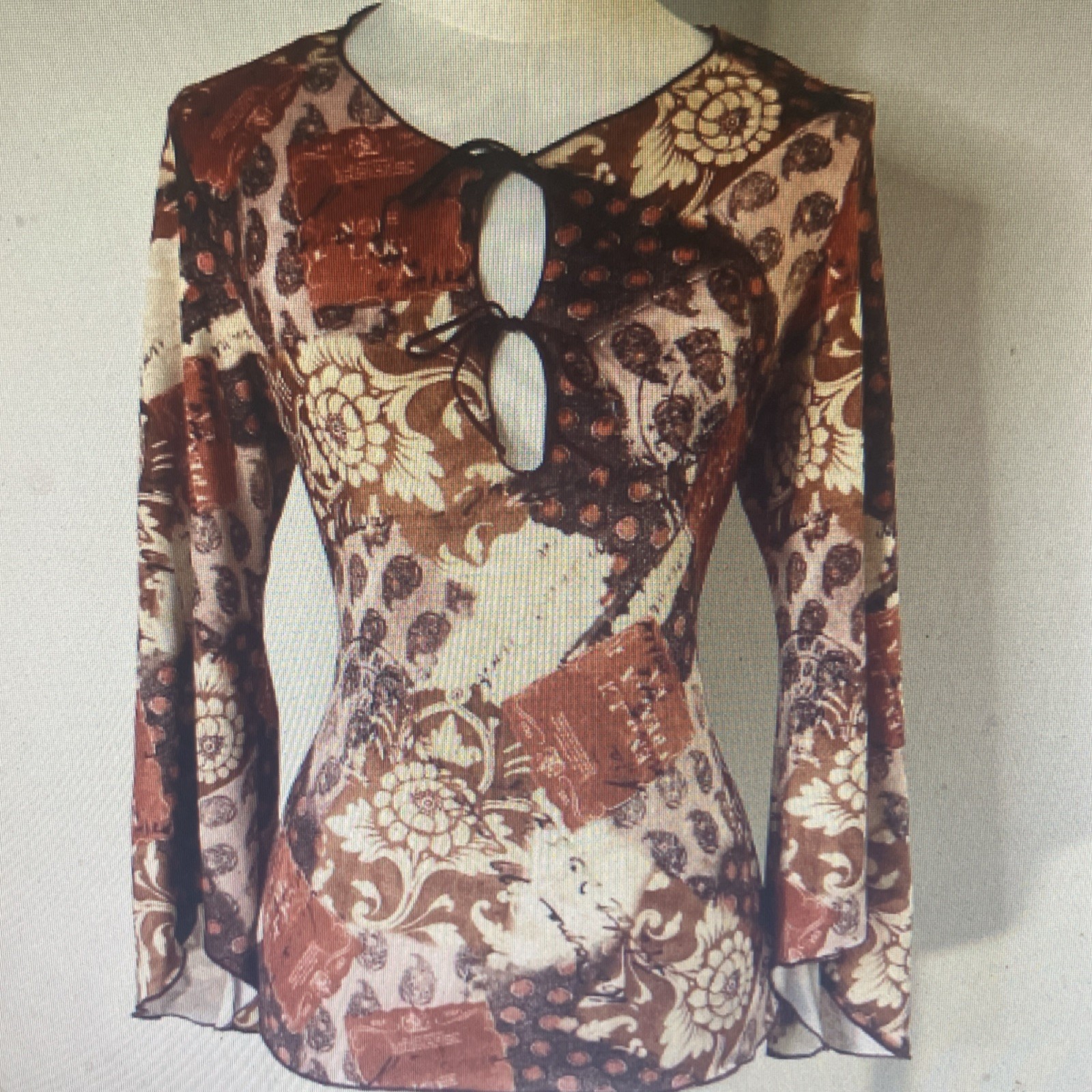 Brown Beige Floral Patchwork Boho Bell Sleeve Key… - image 1