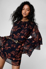 Nastygal Womens Tunic Dress Black Eye-Catching Stallion Print Bell Sleeves