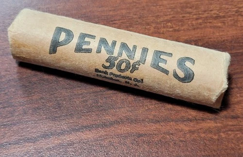 C 1947-S Lincoln Wheat Cent RED BU UNC Roll Hand-Rolled, came with OBW Roll