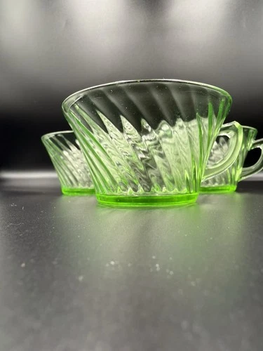 Anchor Hocking Spiral Green Uranium Depression Glass Tea Cups