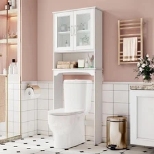 Over The Toilet Storage Cabinet w/ Double Tempered Glass Doors Adjustable Shelf