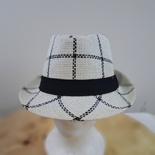 Unisex White and Black Checkered Straw Fedora Hat Wide Brim Straw Hats  Size 58