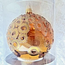 Pier 1 Imports Blown Glass 5" Amber W/Gold Glitter Designs Made In Poland - NEW