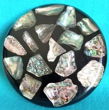 Vtg MCM Abalone Shell Lucite Vomit Large Black Trivet Hot Plate 6.5" w/ Label