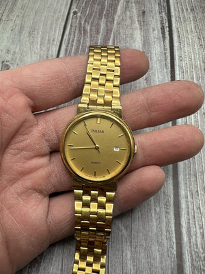 Vintage Pulsar Watch Unisex 32mm Gold Tone Date V322-6380 Adj