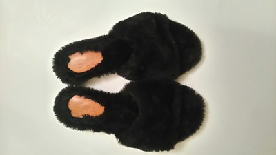 L'INTERVALLE FAUX FUR SLIP ONS SANDALS BLACK MADE IN ITALY SIZE 7 