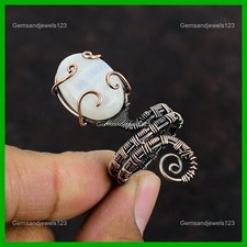 Valentines Deal Natural Rainbow Moonstone Copper Wire Wrapped New Wedding Ring