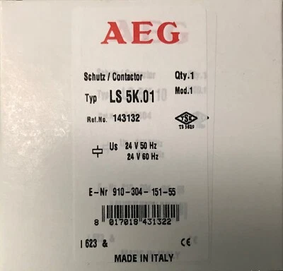 AEG LS5K.01E 3 Pole Contactor 7.5HP @ 480V, 25A W/ 24VAC COIL