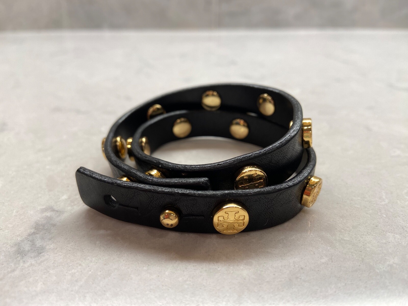 Tory Burch Leather Double Wrap Leather Bracelet - Black + Gold | eBay