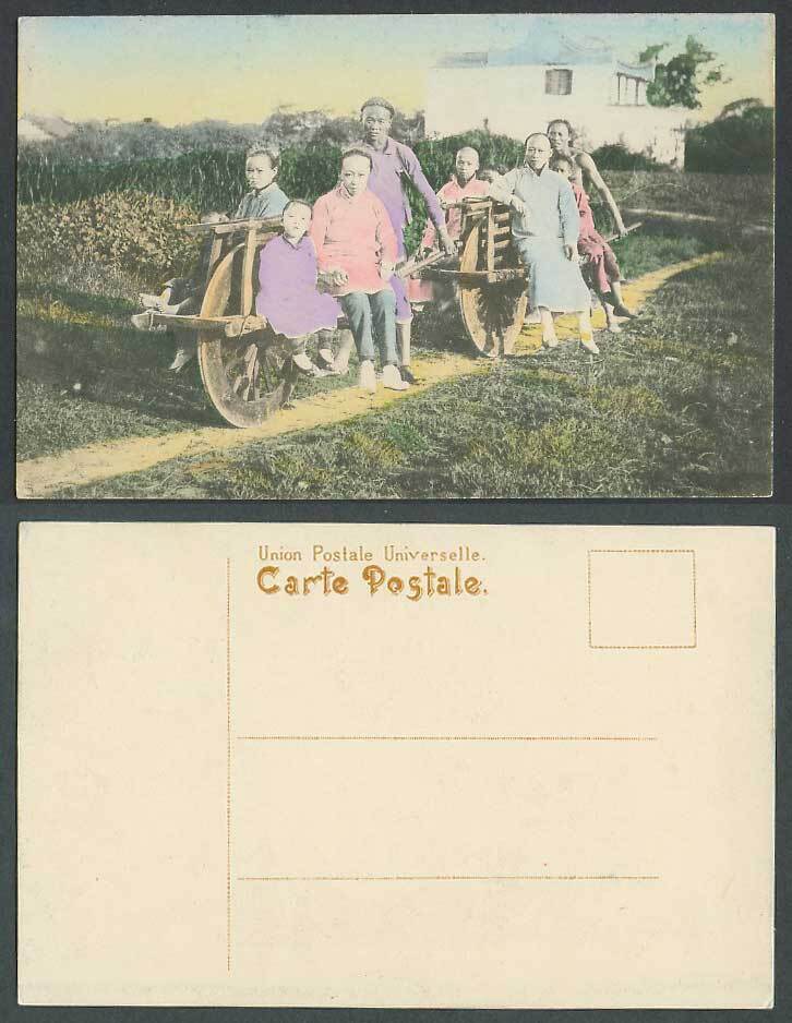China Old Hand Tinted Postcard Chinese Women Foot Binding, Wheelbarrow
