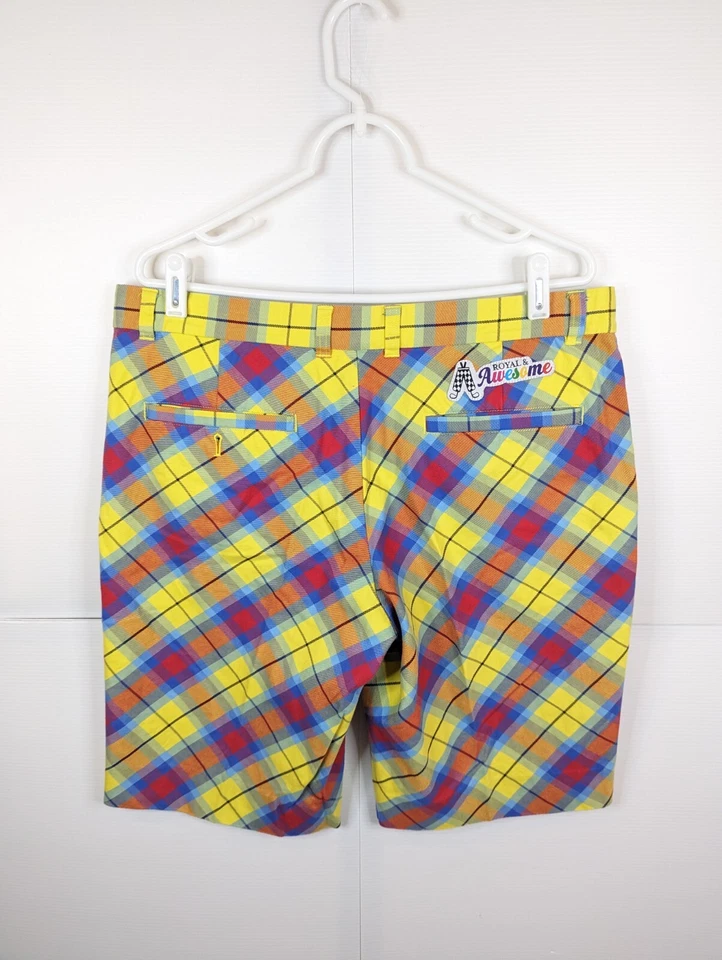Royal & Awesome Golf Shorts Women's Size 16 Yellow Red Blue Tartan Plaid - Image 3 of 4